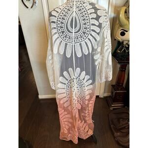 Boho Embroidered Lace Kimono Duster - White & Pink Ombre - One Size